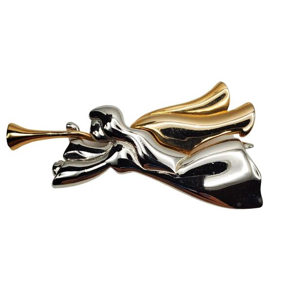 Liz Claiborne Angel Trumpet Brooch Gold & Silver Vintage Pin Playing Horn - Picture 1 of 5
